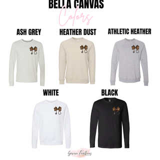 Leopard Nurse Bow Pocket Shirt Bella Canvas long sleeve and crewneck in ash grey, heather dust, athletic heather, white, black