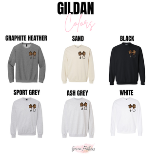 Leopard Nurse Bow Pocket Shirt Gildan crewneck in graphite heather, sand, black, sport grey, ash grey, white