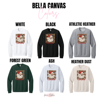 Leopard Patch Santa Christmas design on Bella Canvas White, Black, Athletic Heather, Forest Green, Ash, and Heather Dust