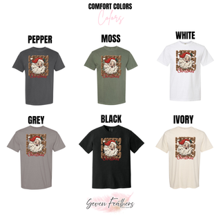 Leopard Patch Santa Christmas design on Comfort Colors Pepper, Moss, White, Grey, Black, and Ivory