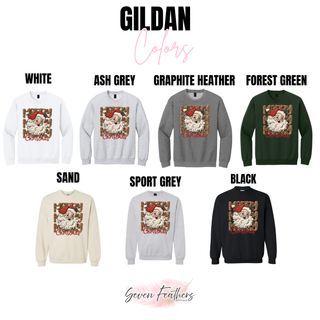 Leopard Patch Santa Christmas design on Gildan White, Ash Grey, Graphite Heather, Forest Green, Sand, Sport Grey, and Black