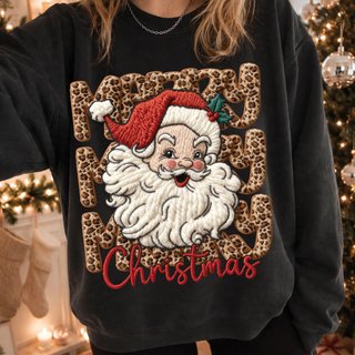 Leopard Patch Santa Christmas Top in Black crewneck, styled on model with faux embroidered Santa design