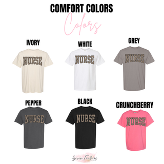 Leopard Print Nurse Graphic Top Comfort Colors tees in ivory, white, grey, pepper, black, and crunchberry
