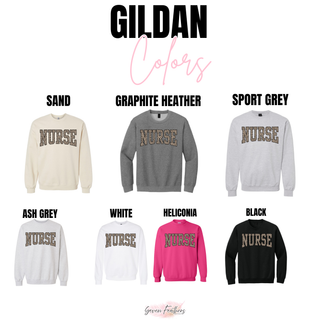 Leopard Print Nurse Graphic Top Gildan crewnecks in sand, graphite heather, sport grey, ash grey, white, heliconia, and black