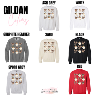 Gildan color chart showing the leopard Santa and bows design in Ash Grey, White, Graphite Heather, Sand, Black, Sport Grey, and Red