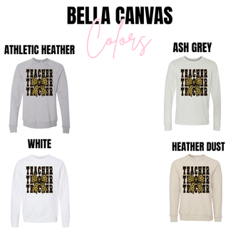 Leopard Teacher Bow Shirt Bella Canvas crewneck and long sleeve in athletic heather, ash grey, white, heather dust