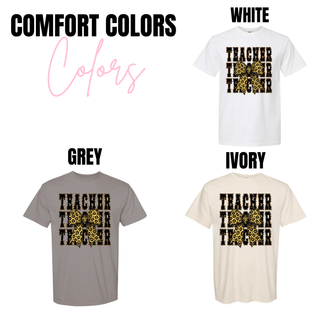 Leopard Teacher Bow Shirt Comfort Colors tee in white, grey, ivory