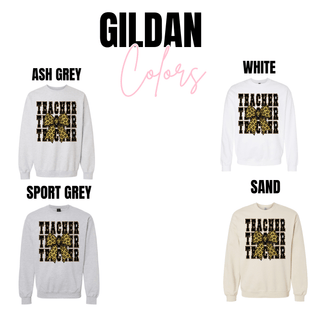 Leopard Teacher Bow Shirt Gildan crewneck in ash grey, white, sport grey, sand