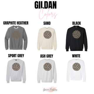 Leopard Volleyball Shirt Gildan crewneck in graphite heather, sand, black, sport grey, ash grey, white