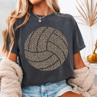 Pepper tee with clean leopard print volleyball design, adult unisex