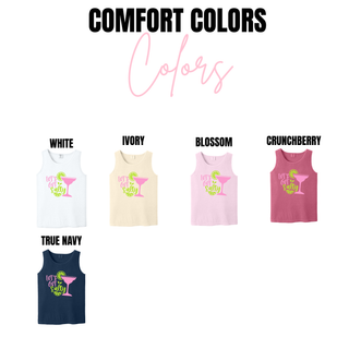 Comfort Colors tanks in white, ivory, blossom, crunchberry, and true navy with Let's Get Salty margarita design
