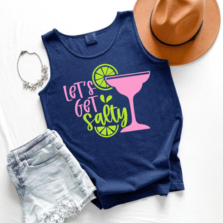 Let's Get Salty Graphic Tank in true navy with pink margarita glass and lime green salty script design
