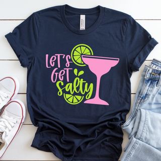 Let's Get Salty Graphic Top in navy with pink margarita glass and lime green salty script design
