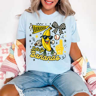 Chambray graphic tee with cartoon banana mascot pennant and checkered bow design front view