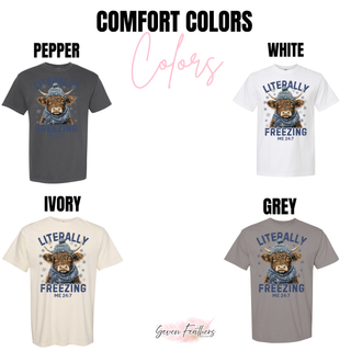 Comfort Colors color chart for the Literally Freezing Highland Cow Top showing pepper, white, ivory, and grey tees