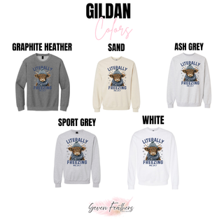 Gildan sweatshirt color chart for the Literally Freezing Highland Cow Top showing graphite heather, sand, ash grey, sport grey, and white