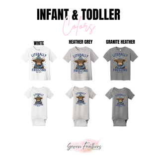 Infant and toddler color chart for the Literally Freezing Highland Cow Top showing tees and bodysuits in white, heather grey, and granite heather