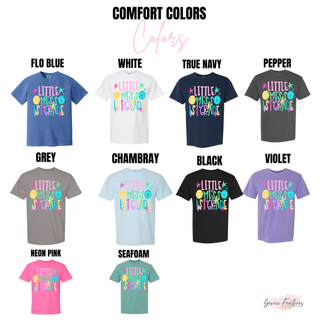 Little Miss 1st Grade graphic tee color options in flo blue, white, true navy, pepper, grey, chambray, black, violet, neon pink, and seafoam
