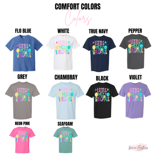 Little Miss 4th Grade graphic tee color options in flo blue, white, true navy, pepper, grey, chambray, black, violet, neon pink, and seafoam
