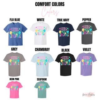 Little Miss 5th Grade graphic tee color options in flo blue, white, true navy, pepper, grey, chambray, black, violet, neon pink, and seafoam
