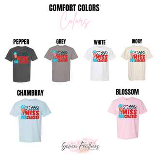 Little Miss Firecracker Comfort Colors tee color chart pepper grey white ivory chambray and blossom with rocket design
