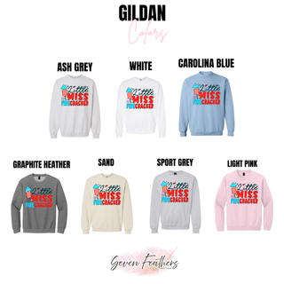 Little Miss Firecracker Gildan crewneck colors ash grey white carolina blue graphite heather sand sport grey light pink
