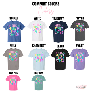 Little Miss Kindergarten graphic tee color options in flo blue, white, true navy, pepper, grey, chambray, black, violet, neon pink, and seafoam
