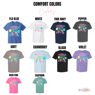 Little Miss Pre-K graphic tee color options in flo blue, white, true navy, pepper, grey, chambray, black, violet, neon pink, and seafoam
