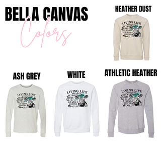 Living Life Heifer Bella Canvas in heather dust, ash grey, white, and athletic heather crewneck and long sleeve
