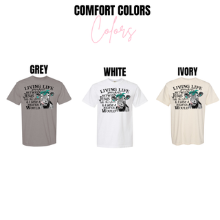 Living Life Heifer Comfort Colors tee in grey, white, and ivory with full bandana cow and lettering design
