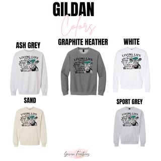 Living Life Heifer Gildan crewneck in ash grey, graphite heather, white, sand, and sport grey
