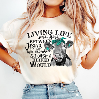 Living Life Heifer Graphic Top in ivory with bandana cow and Living Life Between Jesus Heifer Would lettering
