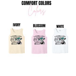 Comfort Colors tank top color options for living life heifer graphic in ivory, blossom, and white
