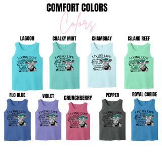 Comfort Colors tank top color options for living life heifer graphic in lagoon, mint, and violet
