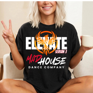 Woman wearing black Comfort Colors top with Mad House Dance Company Elevate Season 3 phoenix design