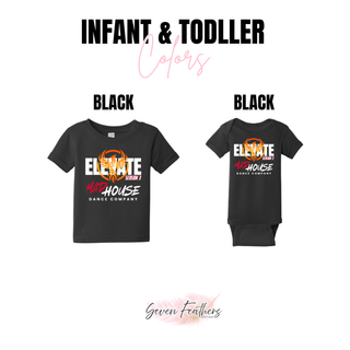 Black infant onesie and toddler top with Mad House Dance Company Elevate Season 3 phoenix design