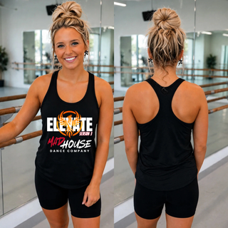 Front and back view of black Mad House Dance Company Elevate Season 3 women's racerback tank