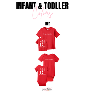 Red infant onesie and toddler top with it's a good day to dance front design and MHDC Mad House Dance Company back logo