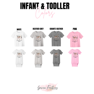 Pumpkin spice pirouettes infant and toddler color chart in white, heather grey, granite heather, and pink