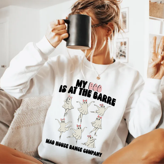 Woman wearing white top with dancing ghost ballerinas and my boo is at the barre design