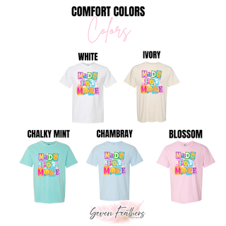 Comfort Colors Made For More Daisy Pop tee in white, ivory, chalky mint, chambray, and blossom