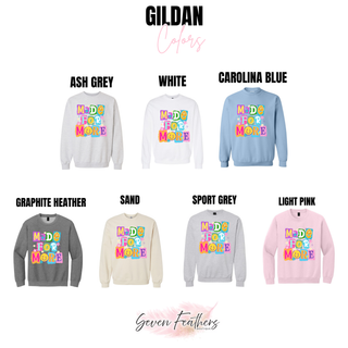 Gildan Made For More Daisy Pop crewneck in ash grey, white, carolina blue, graphite heather, sand, sport grey, light pink