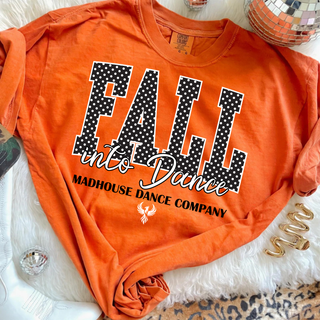Orange Comfort Colors top featuring Madhouse Dance Company fall into dance polka dot design