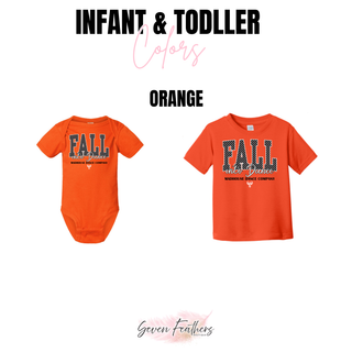 Orange infant onesie and toddler top with Madhouse Dance Company fall into dance design