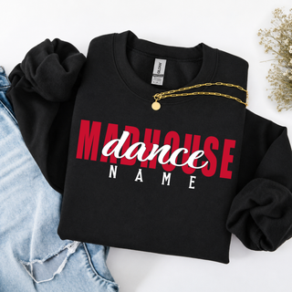 Black Gildan Madhouse Dance top with personalized name below bold red lettering