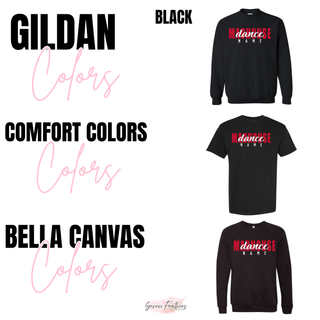 Gildan, Comfort Colors, and Bella Canvas black color options for Madhouse Dance top