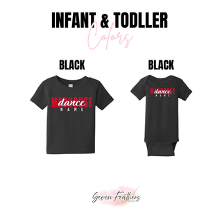 Black infant onesie and toddler top with personalized Madhouse Dance design