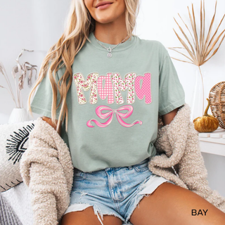 Bay Comfort Colors tee with Mama floral gingham polka dot pearl lettering and pink bow design front view