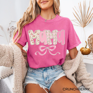 Crunchberry Comfort Colors tee with Mama floral gingham polka dot pearl lettering and pink bow design front view