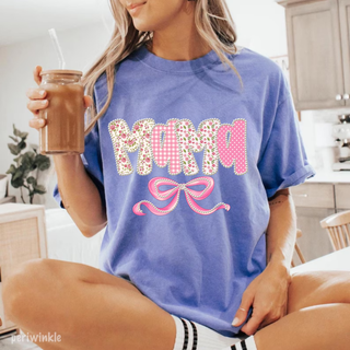 Periwinkle Comfort Colors tee with Mama floral gingham polka dot pearl lettering and pink bow design front view
